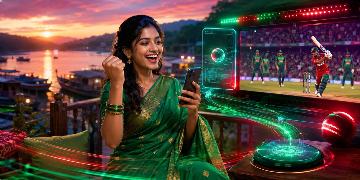 রাঙামাটিতে শাড়ি পরা নারী ক্রিকেট বাজির স্ক্রিন দেখছেন